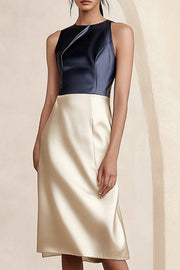 Work Dress Navy Blue Crew Neck Patchwork Sleeveless Bodycon Knee-Length Dress