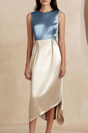 Work Satin Dress Blue Crew Neck Patchwork Sleeveless Midi Dress