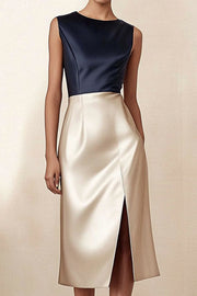Work Satin Dress Champagne Crew Neck Patchwork Split Sleeveless Midi Dress