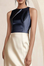 Work Dress Navy Blue Crew Neck Patchwork Sleeveless Bodycon Knee-Length Dress