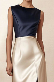 Work Satin Dress Champagne Crew Neck Patchwork Split Sleeveless Midi Dress
