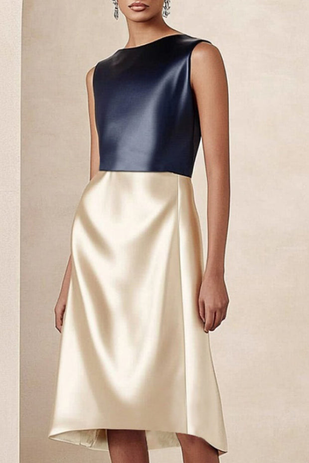 Work Satin A Line Dress Navy Blue Crew Neck Patchwork Sleeveless Knee-Length Dress