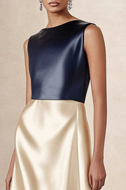 Work Satin A Line Dress Navy Blue Crew Neck Patchwork Sleeveless Knee-Length Dress