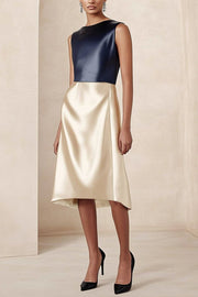 Work Satin A Line Dress Navy Blue Crew Neck Patchwork Sleeveless Knee-Length Dress