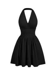 Women's Flared Flowy Ruched Halter Mini Dresses Ruffle Backless Going Out Mini Swing Dress