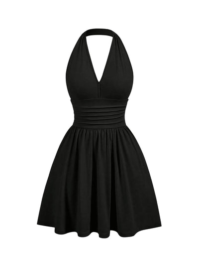 Women's Flared Flowy Ruched Halter Mini Dresses Ruffle Backless Going Out Mini Swing Dress