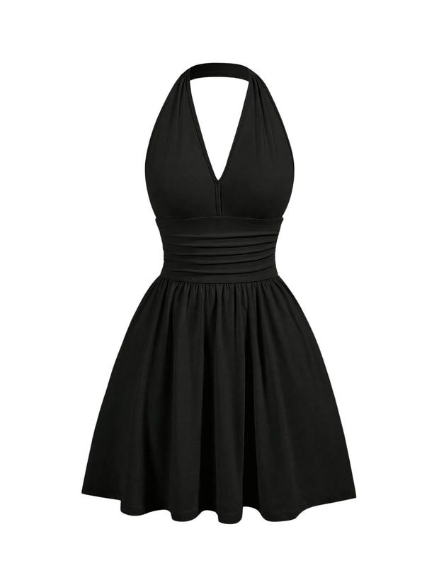 Women's Flared Flowy Ruched Halter Mini Dresses Ruffle Backless Going Out Mini Swing Dress