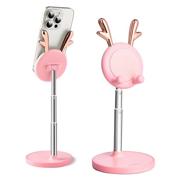 Cute Phone Stand for Desk, Deer Phone Holder, Angle & Height Adjustable Stand for iPhone, Kawaii Phone Stand Compatible with 4-12.9in Devices (Pink)