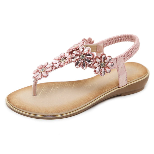 Women's Flat Sandals Ladies Thong Flat Sandals Bohemian Beaded Strap Sandals Diamante Rhinestone Leather Sandals