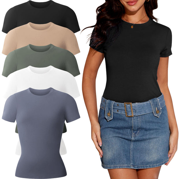 5 Pack Women's Short Sleeve T-Shirts Crew Neck Shirts for Women Casual Basic Fitted Stretchy Tee Tops