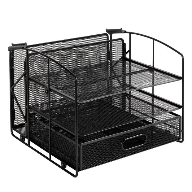 Rectangular Desk Organiser 3 Tray Sliding Drawer and Hanging File Holder, Black
