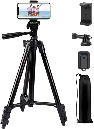 Lightweight Portable Camera Tripod for Iphone/Samsung/Smartphone/Action Camera/DSLR Camera with Phone Holder & Wireless Bluetooth Control Remote (Black)