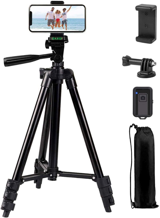 Lightweight Portable Camera Tripod for Iphone/Samsung/Smartphone/Action Camera/DSLR Camera with Phone Holder & Wireless Bluetooth Control Remote (Black)