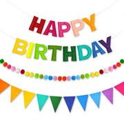 Pre-Strung 3D Happy Birthday Banner, 3 PCS Rainbow Happy Felt Garland, Pom Pom Garland, Triangle Fabric Bunting, Reusable Rainbow Birthday