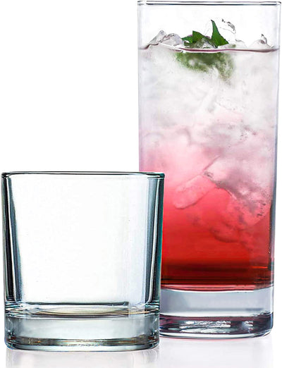 Everyday Drinking Glasses Set of 8 Drinkware Hurricane Glasses, Kitchen Glasses for Cocktail, Iced Coffee, Beer, Ice Tea, Wine, Whiskey, Water, 4 Tall Glass Cups & 4 Short Dof Drinking