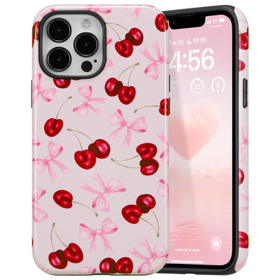 Case for iPhone 16 Pro Max, Cute Pink Bow Cherry Print Aesthetic Trendy Pattern for Women Girls Slim Durable Bumper Shockproof Hybrid Hard Back Phone Cover, Big Ribbon/Glossy