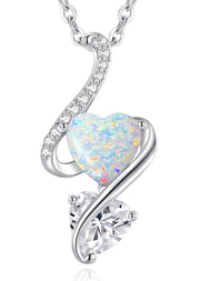 Necklaces for Women 925 Sterling Silver Double Love Heart Flame Opal Birthstone Necklaces,Jewellery Gifts for Women/Wife/Her/Mum Anniversary Birthday Mothers Day Christmas Valentines