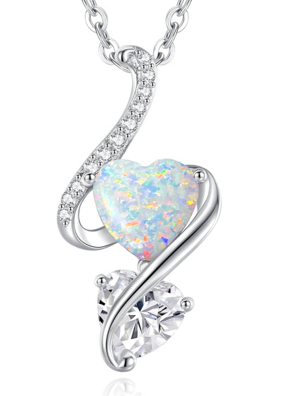 Necklaces for Women 925 Sterling Silver Double Love Heart Flame Opal Birthstone Necklaces,Jewellery Gifts for Women/Wife/Her/Mum Anniversary Birthday Mothers Day Christmas Valentines