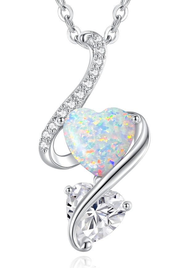 Necklaces for Women 925 Sterling Silver Double Love Heart Flame Opal Birthstone Necklaces,Jewellery Gifts for Women/Wife/Her/Mum Anniversary Birthday Mothers Day Christmas Valentines