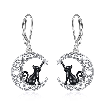 925 Sterling Silver Celtic Moon Cat/Cow/Star Leverback Earrings Cat Animal Jewellery Birthday Gifts for Women Girls