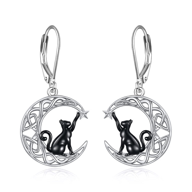 925 Sterling Silver Celtic Moon Cat/Cow/Star Leverback Earrings Cat Animal Jewellery Birthday Gifts for Women Girls