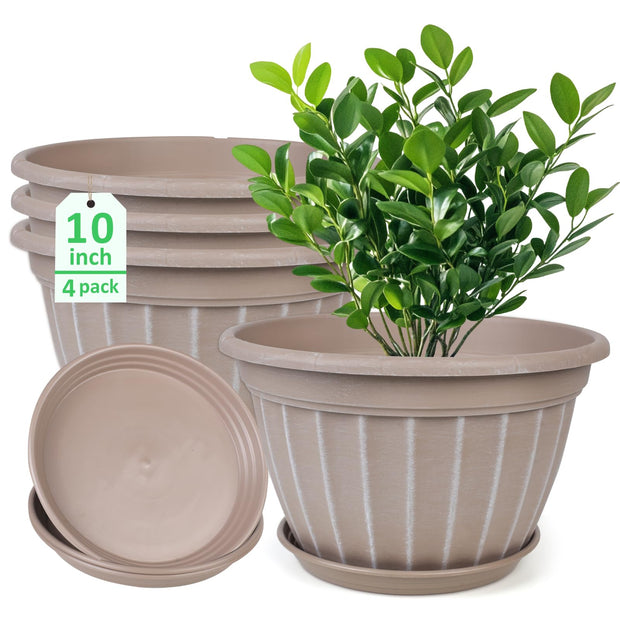 10 Inch Plants Pot,4 Pack Flower Pots,Planters Pot with Drainage Hole & Saucer,Modern Planters for Indoor Outdoor Plants,Decorative Resin Garden Pots for Outdoor Indoor Home Plants (Beige)
