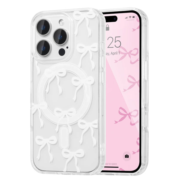 Magnetic for iPhone 14 Pro Max Case, Bow Case Compatible with MagSafe, Wireless Slim Clear Ribbon Aesthetic Phone Cover Anti-Yellowing Shockproof Protective Cover for Women Girl - White