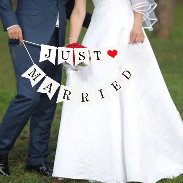 Just Married Sign Banner Car Decorations Fit for Honeymoon Wedding, Photo Props and Car Decorations