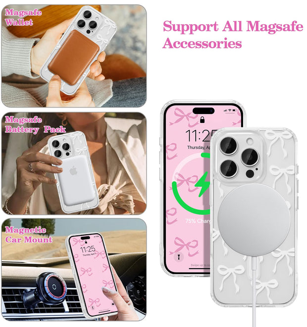 Magnetic for iPhone 14 Pro Max Case, Bow Case Compatible with MagSafe, Wireless Slim Clear Ribbon Aesthetic Phone Cover Anti-Yellowing Shockproof Protective Cover for Women Girl - White