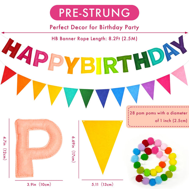 Pre-Strung 3D Happy Birthday Banner, 3 PCS Rainbow Happy Felt Garland, Pom Pom Garland, Triangle Fabric Bunting, Reusable Rainbow Birthday