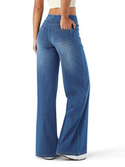 Denim Wide Leg Pants for Women, High Waisted and Slimming with Multiple Pockets, Straight Tube, Loose fit, Cat Whisker, Marbling wash Craft, High Elasticity Casual Jeans