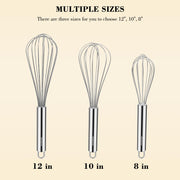 Stainless Steel Whisk Set 8" 10" 12" Kitchen Whisk Balloon Whisk Kitchen Wisk Wire Whisks for Cooking, Whisking, Blending, Beating, Stirring-3 Pack