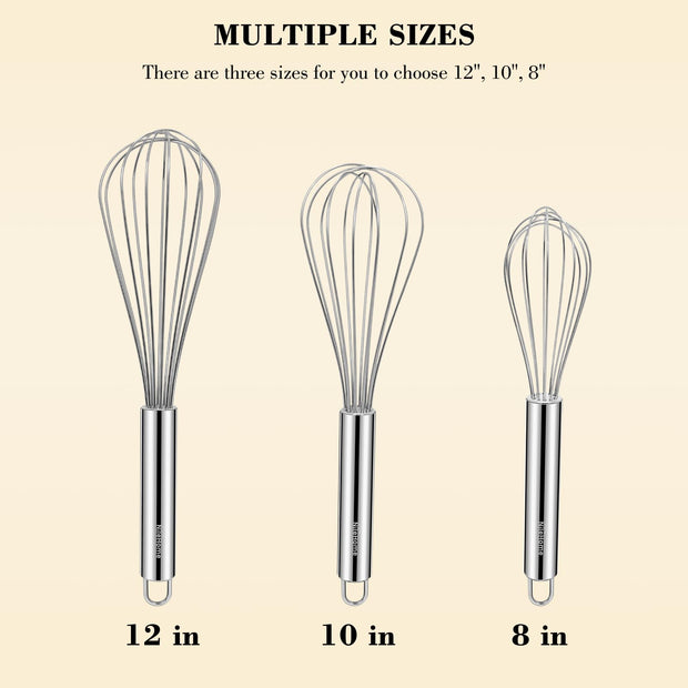 Stainless Steel Whisk Set 8" 10" 12" Kitchen Whisk Balloon Whisk Kitchen Wisk Wire Whisks for Cooking, Whisking, Blending, Beating, Stirring-3 Pack
