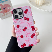 Case for iPhone 16 Pro Max, Cute Pink Bow Cherry Print Aesthetic Trendy Pattern for Women Girls Slim Durable Bumper Shockproof Hybrid Hard Back Phone Cover, Big Ribbon/Glossy