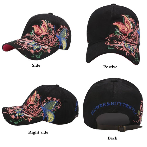 Butterfly Full Embroidered Women Baseball Cap Fashion Sequins Adjustable Strap Cotton Women Hats Sunlight Bowler Hat Ladies Baseball Cap