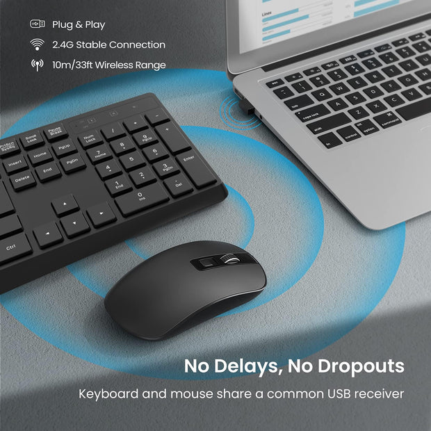 Wireless Keyboard and Mouse Set, Full Size Wireless Keyboard Ergonomic Design & Quiet USB Cordless Mouse Combo UK Layout, 12 Multimedia Shortcuts for Windows Computer PC Laptop Desktop,Black