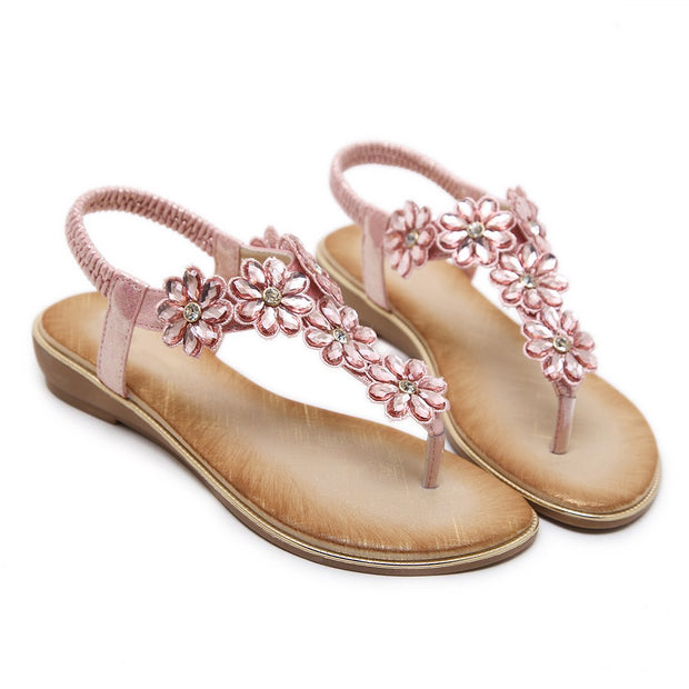 Women's Flat Sandals Ladies Thong Flat Sandals Bohemian Beaded Strap Sandals Diamante Rhinestone Leather Sandals