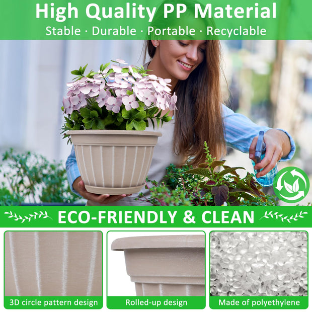 10 Inch Plants Pot,4 Pack Flower Pots,Planters Pot with Drainage Hole & Saucer,Modern Planters for Indoor Outdoor Plants,Decorative Resin Garden Pots for Outdoor Indoor Home Plants (Beige)