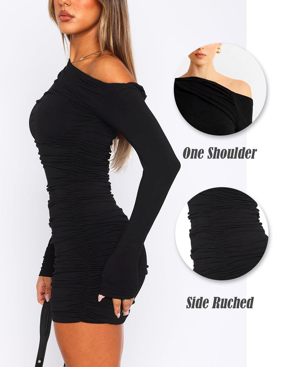 Women Off Shoulder Mini Dress Ruched Long Sleeve Bodycon Dress Sexy Cocktail Party Dresses Going Out Clubbing Elegant