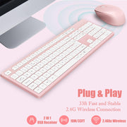 Wireless Keyboard and Mouse Set, 2.4GHz USB Computer Keyboards and Mouse Combo, Ergonomic Design with 12 Multimedia Shortcuts for HP/Lenovo Laptop and Mac-Pink