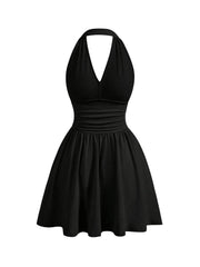 Women's Flared Flowy Ruched Halter Mini Dresses Ruffle Backless Going Out Mini Swing Dress