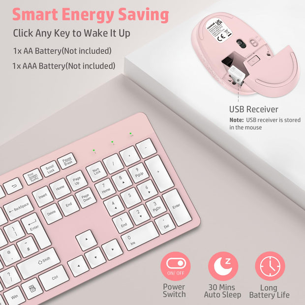 Wireless Keyboard and Mouse Set, 2.4GHz USB Computer Keyboards and Mouse Combo, Ergonomic Design with 12 Multimedia Shortcuts for HP/Lenovo Laptop and Mac-Pink