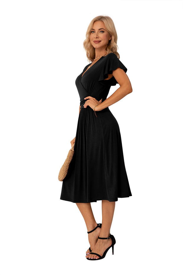 Womens Summer Wrap Dress Ladies Casual Ruffle Short Sleeve V-Neck Floral Beach Dresses for Women