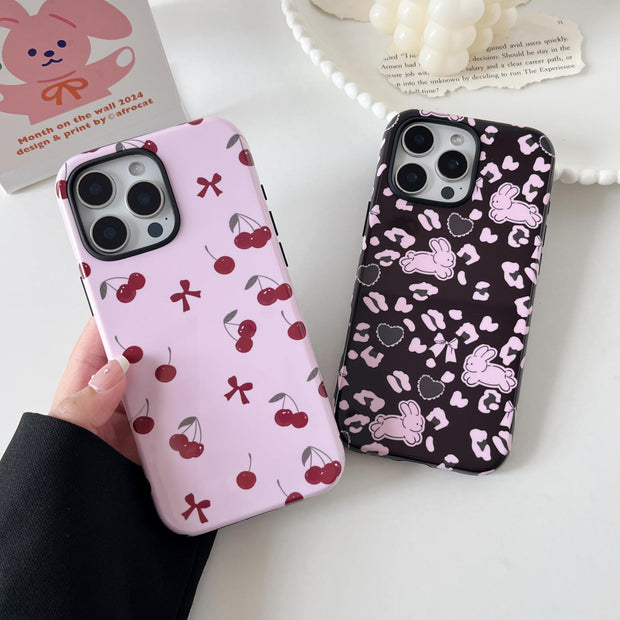 Case for iPhone 16 Pro Max, Cute Pink Bow Cherry Print Aesthetic Trendy Pattern for Women Girls Slim Durable Bumper Shockproof Hybrid Hard Back Phone Cover, Big Ribbon/Glossy