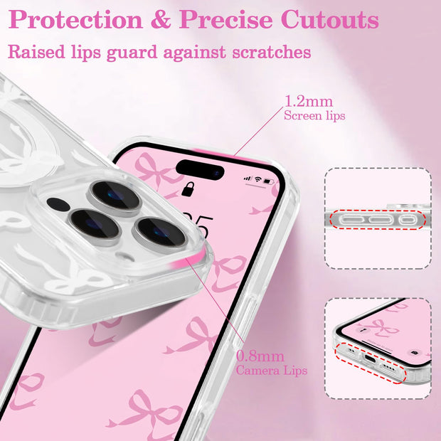 Magnetic for iPhone 14 Pro Max Case, Bow Case Compatible with MagSafe, Wireless Slim Clear Ribbon Aesthetic Phone Cover Anti-Yellowing Shockproof Protective Cover for Women Girl - White
