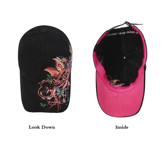 Butterfly Full Embroidered Women Baseball Cap Fashion Sequins Adjustable Strap Cotton Women Hats Sunlight Bowler Hat Ladies Baseball Cap
