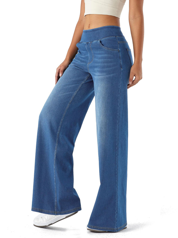 Denim Wide Leg Pants for Women, High Waisted and Slimming with Multiple Pockets, Straight Tube, Loose fit, Cat Whisker, Marbling wash Craft, High Elasticity Casual Jeans