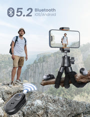 Phone Tripod, Portable and Flexible Phone Stand for Video Recording with Wireless Remote, 360° Rotating Tabletop & Travel Tripods for iPhone, Smartphones, Camera