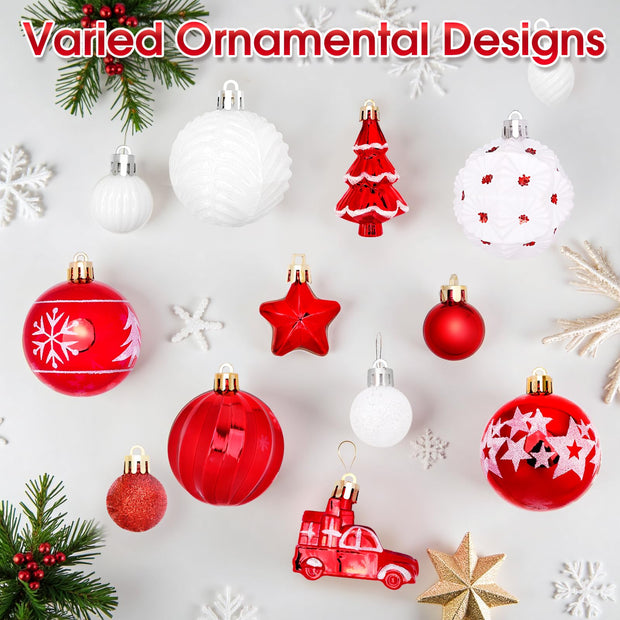 Various Styles of Christmas Ball Ornaments, Shatterproof Christmas Balls for Holiday Xmas Tree Decor, Hanging Ornament for Indoor Decoration (Red & White)
