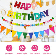 Pre-Strung 3D Happy Birthday Banner, 3 PCS Rainbow Happy Felt Garland, Pom Pom Garland, Triangle Fabric Bunting, Reusable Rainbow Birthday